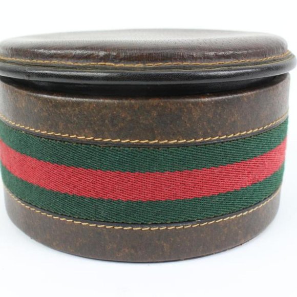 Gucci Ultra Rare Brown Leather Web Round Box Case Jar Boite 71g411s - Picture 7 of 12